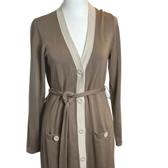 Cabi Genteel Button Front Long Cardigan Beige Ivory Trim Belt Small Neutral Read - Picture 3 of 15